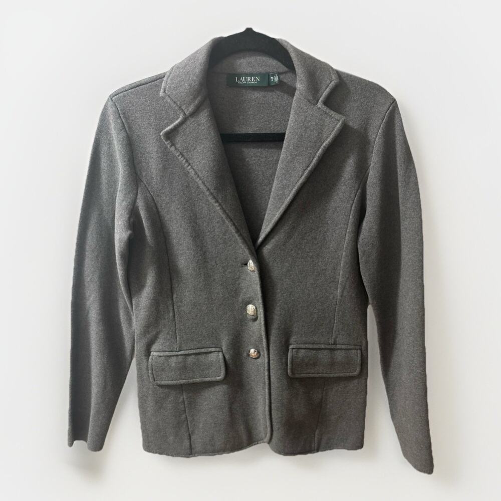 Lauren Ralph Lauren Sweater Cardigan Womens Sz S Gray Knit Blazer Jacket Logo